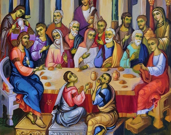 The Last Supper, Byzantine Style Icon, 30 x 41.5 x 3 cm, Hand Painted, Christian Orthodox Tradition