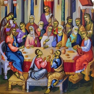 The Last Supper, Byzantine Style Icon, 30 x 41.5 x 3 cm, Hand Painted, Christian Orthodox Tradition