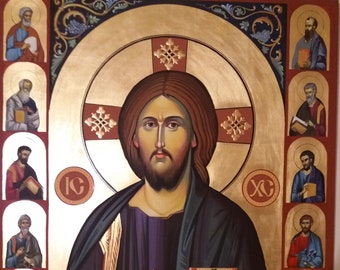 May include: A religious icon painting depicting Jesus Christ holding a book. The painting is in a traditional style with a gold background and a halo around Jesus' head. The painting is surrounded by smaller icons of other figures.