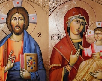 KORTING, icoon van Maria Moeder Gods en Baby Jezus, icoon van Jezus Christus, samen verkocht, 20 x 30 cm elk, Byzantijns-orthodoxe traditie
