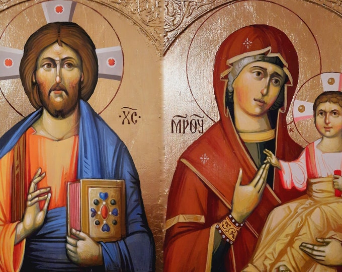 DISCOUNT, icon of Mary Mother of God and Baby Jesus, icon of Jesus Christ, sold together, 20 x 30 cm each, Byzantine Orthodox Tradition