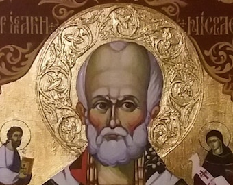 SINT NICOLAAS, Byzantijnse Stijl Icoon, 30 x 50 cm, bas-reliëf versiering, Christelijk Orthodoxe Traditie, Handgeschilderd, Op Bestelling Gemaakt