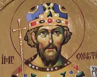 Byzantijns icoon van Sint Constantijn de Grote, christelijk-orthodoxe traditie, met de hand geschilderd, 20 x 30 cm, op bestelling gemaakt