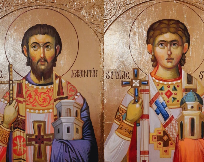 DISCOUNT, Saint Laurence/Lawrence the Deacon, Saint Steven the Deacon, Byzantine Style Icons, 20 x 30 cm each, Christian Orthodox Tradition