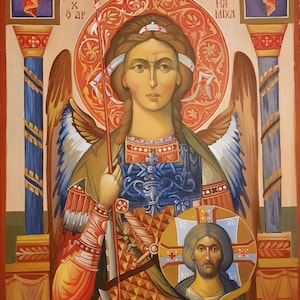 ARCHANGEL MICHAEL, icon painted on wood, 30 x 42 x 5 cm, Byzantine style, Christian Orthodox Tradition, hand made