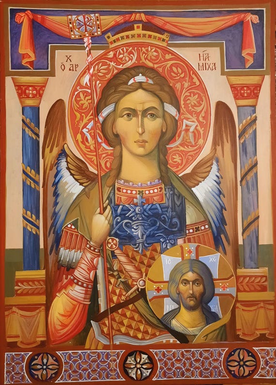 イコン　◇聖大天使ミカエル◇　ギリシャ職人の手描き　テンペラ画 大天使ミカエル、木に描かれたイコン、30 x 42 x 5 cm、ビザンチン様式