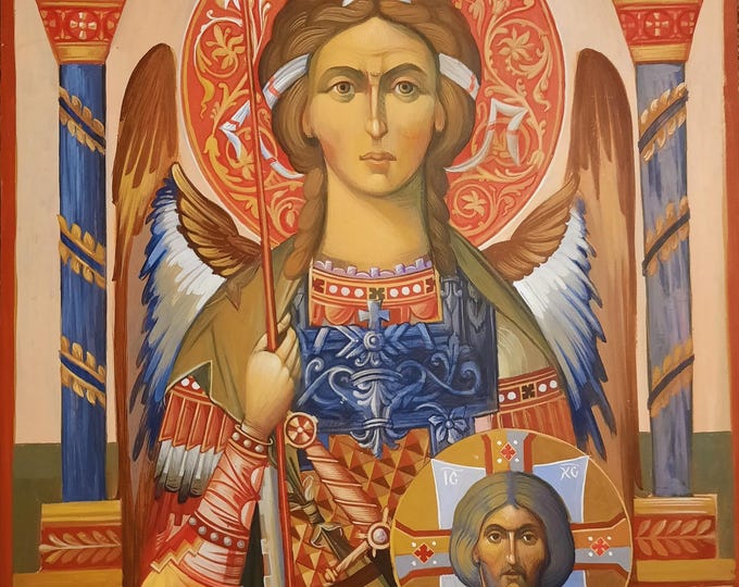 ARCHANGEL MICHAEL, icon painted on wood, 30 x 42 x 5 cm, Byzantine style, Christian Orthodox Tradition, hand made