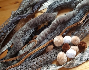 10 GRAY  and brown RIBBONS and pompons ,ribbons, tapes  bundle,bookbinding, journaling. ready to ship,