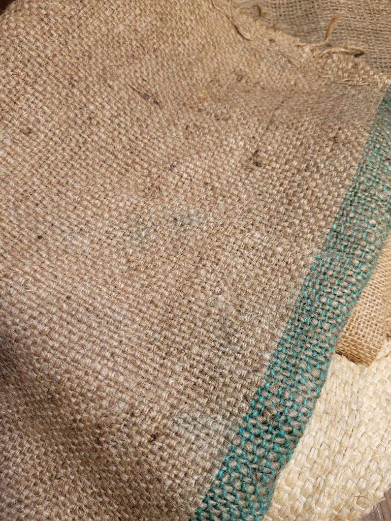 May include: Close-up of a textured burlap fabric with a natural brown color. A teal-colored stripe runs vertically along the right side. The coarse weave of the material is visible, suggesting a rustic or agricultural theme.