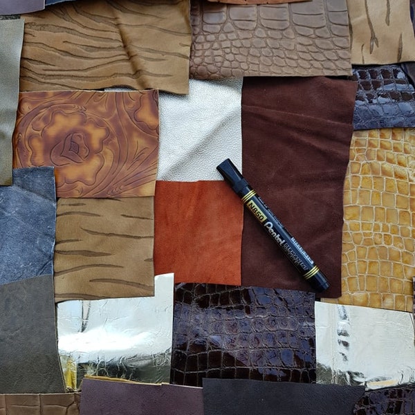 Leather  pack 30 Pieces , Assorted colors patterns and thicknesses , Leather remnants, Offcut leather.