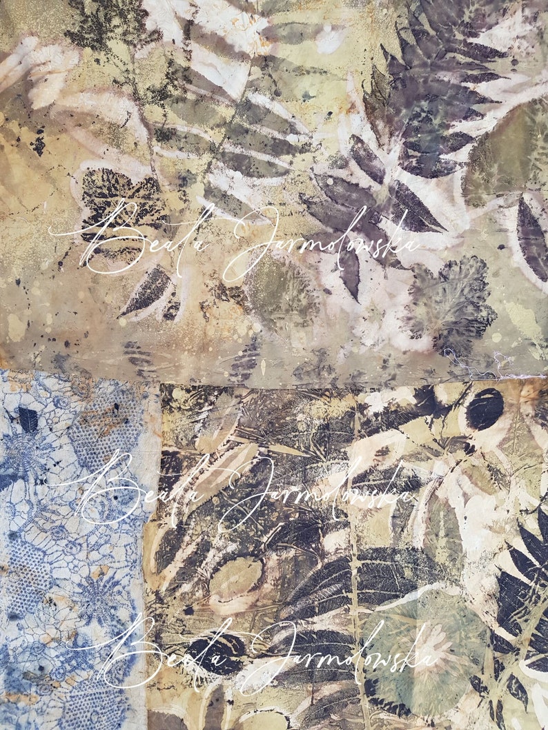 May include: Abstract art print with a collage of brown, green, and white leaf patterns. The artist's signature, "Beata Jarmolinska", is visible in the lower right corner.