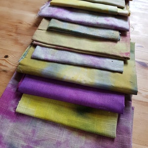 SPRING,11 pieces,hand dyed cotton and linen FABRICS REMNANTS , Samples for projects , patchwork, vintage embroidery