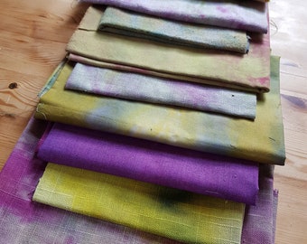 SPRING,11 pieces,hand dyed cotton and linen FABRICS REMNANTS , Samples for projects , patchwork, vintage embroidery