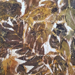 May include: Abstract art print with brown, gold, and white colors. The print features a repeating pattern of organic shapes and textures. The artist's signature, "Beata Jarmolowska", is visible in the lower right corner.