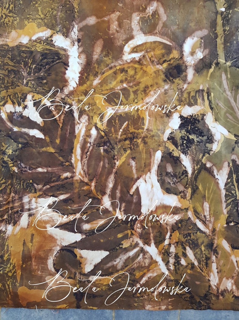 May include: Abstract art print with brown, gold, and white colors. The print features a repeating pattern of organic shapes and textures. The artist's signature, "Beata Jarmolowska", is visible in the lower right corner.