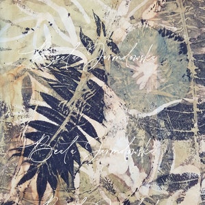 May include: Abstract art print with a green, brown, and white color scheme. The print features a leaf pattern and the artist's signature, "Beata Jarmolowska", is visible in white.