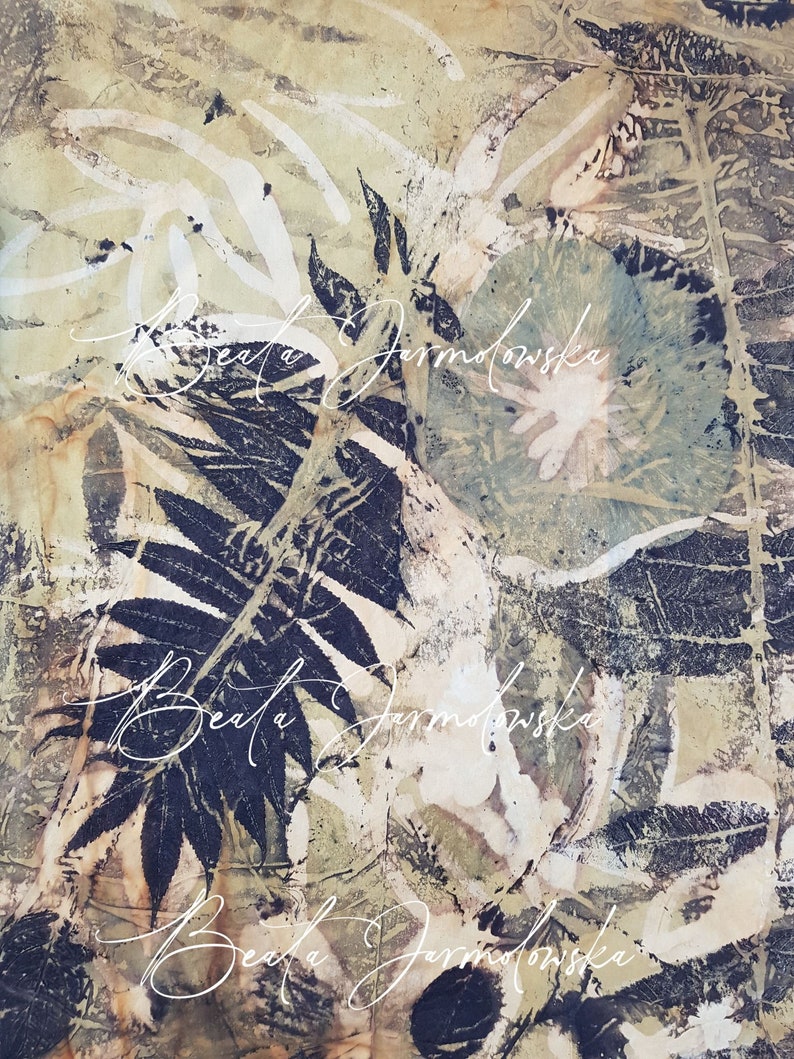 May include: Abstract art print with a green, brown, and white color scheme. The print features a leaf pattern and the artist's signature, "Beata Jarmolowska", is visible in white.