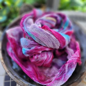 SUMMER WIND,Hand dyed cotton scrim , purple, pink and blue, Pure cotton gause, cheesecloth , nuno felting, felting