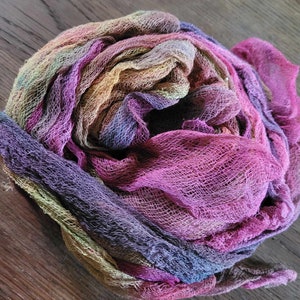 AUTUMN SUNSET,Hand dyed cotton scrim , yellow, pink and red Pure cotton gause, cheesecloth , nuno felting, felting