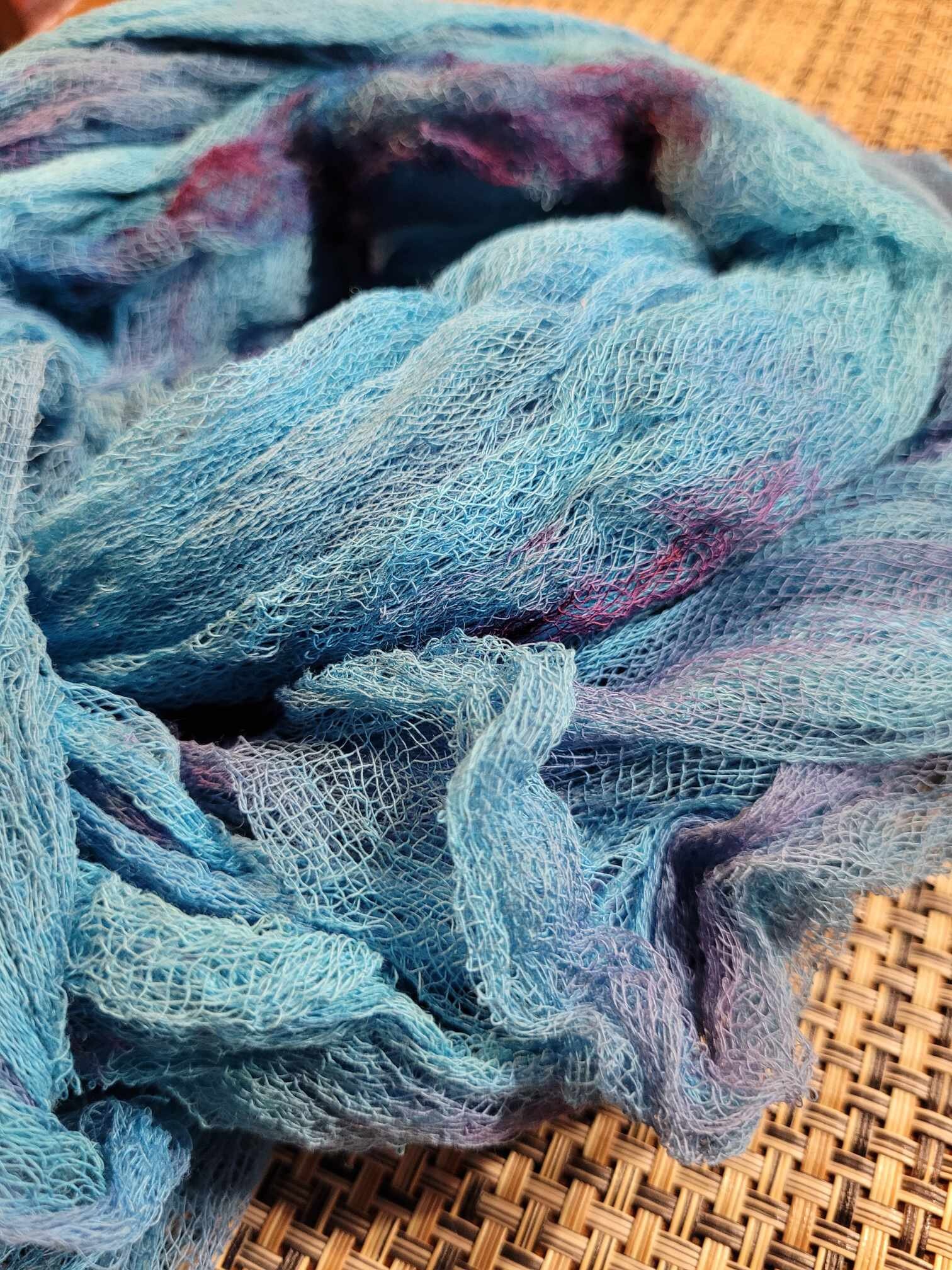 SPRING CLOUDS,Hand dyed cotton scrim , yellow, pink and red Pure cotton gause, cheesecloth , nuno felting, felting