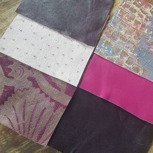 May include: Six different swatches of leather in various colors and textures. The swatches include a dark purple, a light pink with a dotted pattern, a dark purple with a floral pattern, a bright pink, a dark gray, and a light gray with a crocodile pattern.