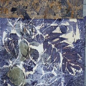 May include: Abstract art print with a purple, blue, and white background. The print features a layered design with a floral pattern and the artist's signature, "Beata Jarmolowska", repeated three times.