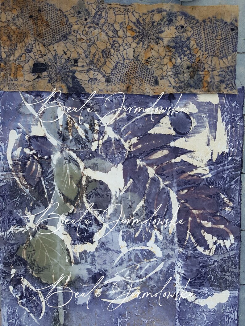 May include: Abstract art print with a purple, blue, and white background. The print features a layered design with a floral pattern and the artist's signature, "Beata Jarmolowska", repeated three times.