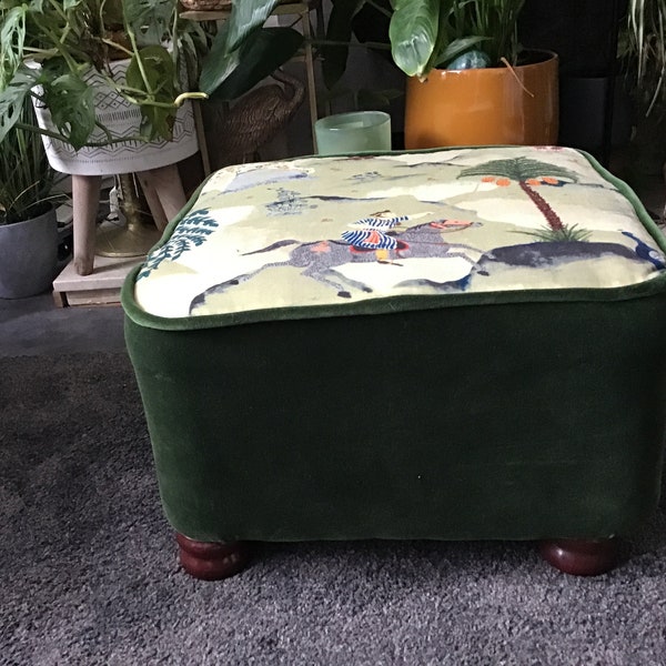 Allermuir Footstool in Fable by Linwood a horse and rider in this stunning footstool. Choice of bun feet or tapered legs, & matching cushion