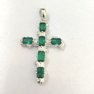 Natural Emerald Cross Silver Pendant in Solid 925 Sterling Silver, Genuine Emerald Unisex Cross Pendant, Mother's Day Gifts for Him/Her