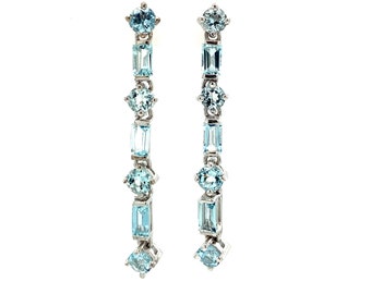Aquamarine Drop Earrings in 925Sterling Silver, Baguette and Round Cut Natural Aquamarine Gemstone, Beautiful Handmade Jewelry, Gift Ideas