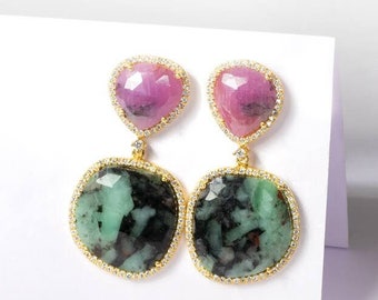 Natural Ruby and Emerald Yellow Gold Plated Gemstone Earring in 925 Sterling Silver Vintage Inspired Gemstone Earrings Gifts for Her/Mother