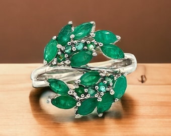 Natural Emerald Floral Silver Ring 925 Sterling Silver Jewelry Wedding Engagement Ring Gifts for Mother Green Gemstone Rings for Her