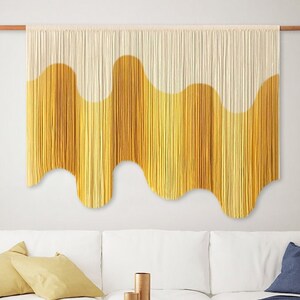 Large Yellow Wave Macrame Wall Hanging, Handmade Irregular Tapestry, Dip Dyed Yarn Artwork, Modern Bohemian Home decor, Housewarming Gift.