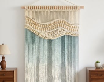 Blue Waves Macrame Wall Hanging,Nordic Boho Woven Tapestry Wall Art,Bohemian Handwoven Fiber Art Decor,Large Wall Tapestry,Living Room Decor