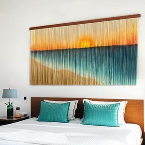 夕日のビーチの風景を描いた大きなボヘミアン風壁掛け、ベッドサイドやリビングルームに飾る手織りコットンタペストリー、心温まる癒しのアート、ホームデコレーション