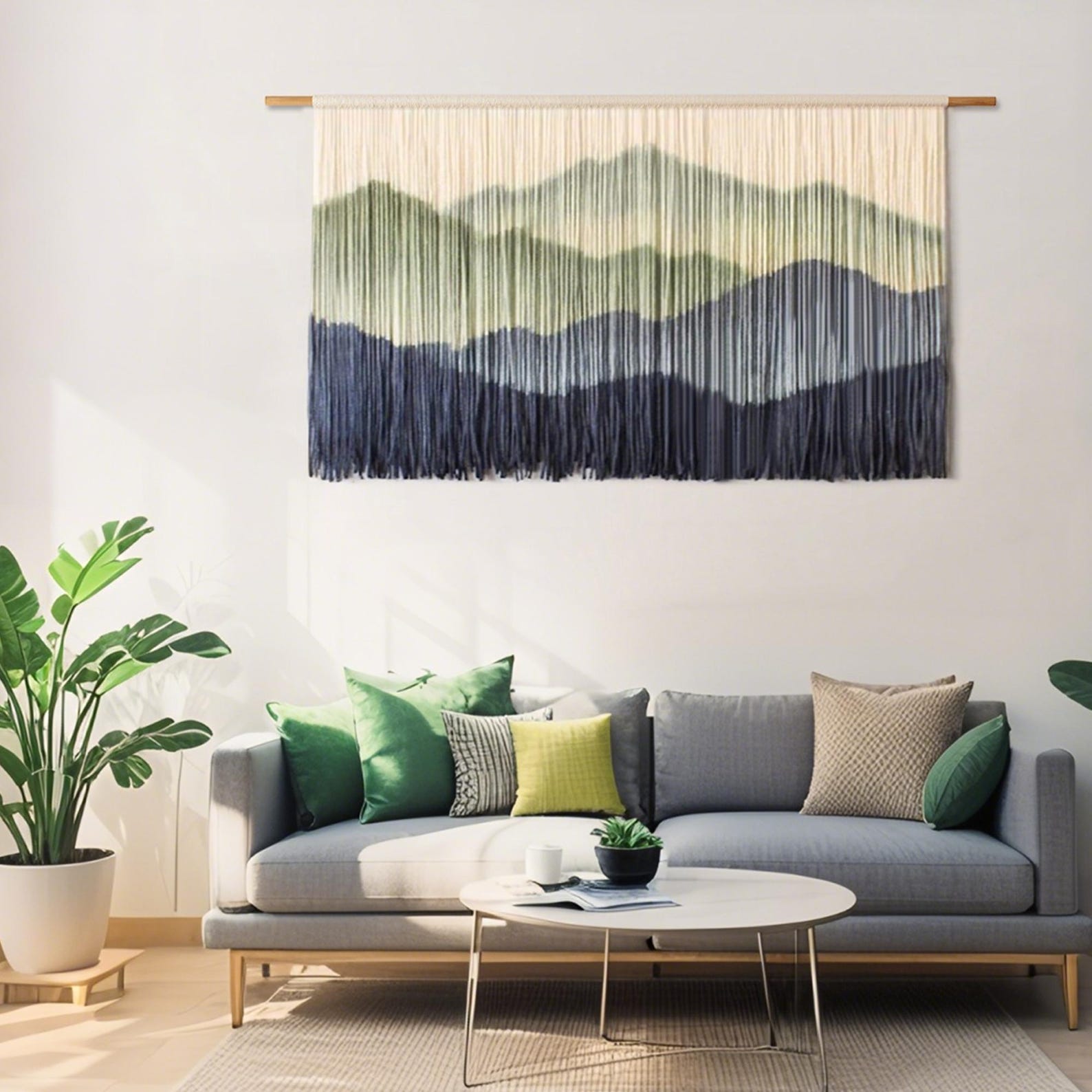 Handwoven Large Mountain Wall Hanging - W110H70cm / 43"*27", Wood Stick