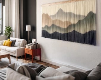 Handmade Mountain Wall Tapestry with Tassels, Large Boho Macrame Wall Hanging, Modern Yarn Art for Bedroom Living Room Decor, Custom Size