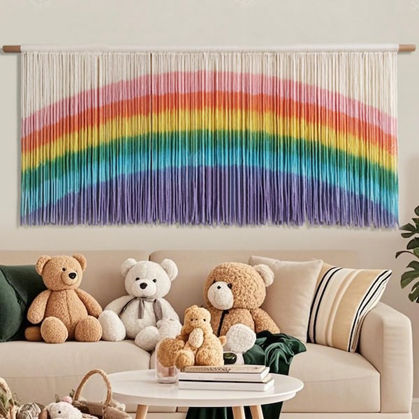 Suspension murale en macramé arc-en-ciel, grande décoration bohème pour chambre d'enfant, tapisserie en fil fait main, art mural tête de lit tissée, décoration murale pour salon, cadeau