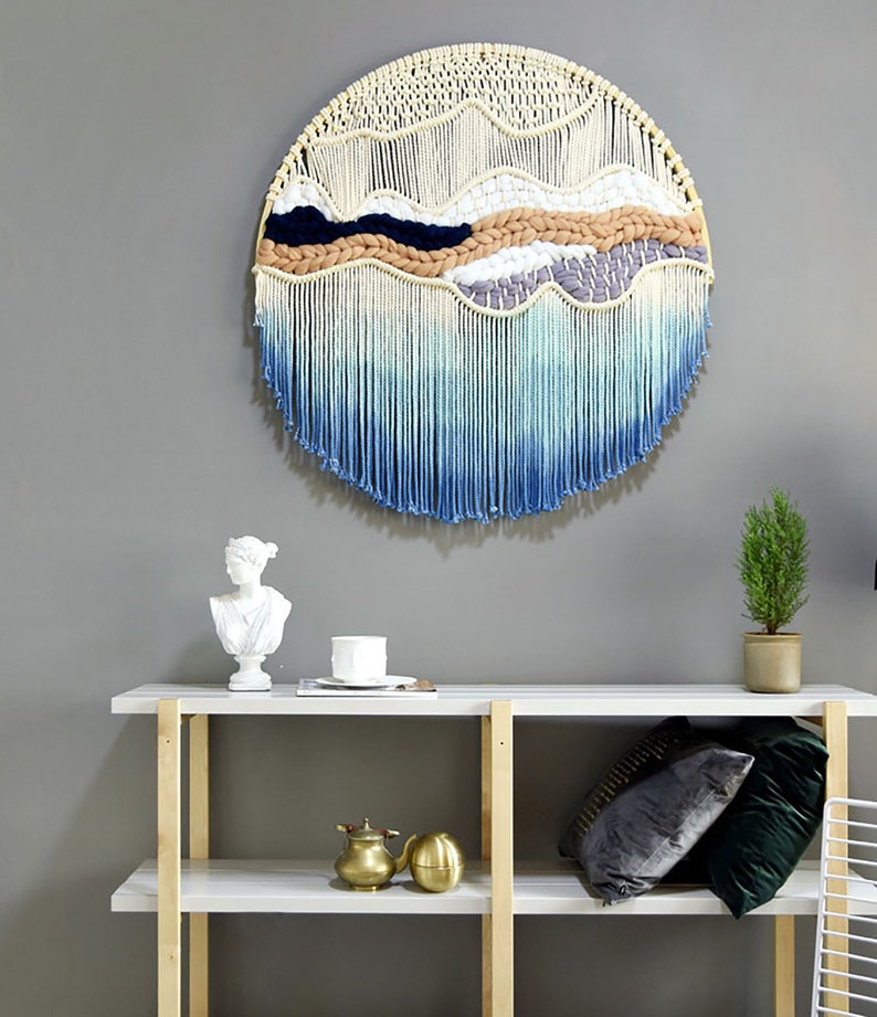 Round Macrame Wall Hanging Blue Gradient Tapestry Bohemian Etsy