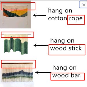 May include: Three macrame wall hangings. The first is cream, yellow, green, and gray, hanging on cotton rope. The second is cream and green, hanging on a wood stick. The third is cream, blue, and gray, hanging on a wood bar.