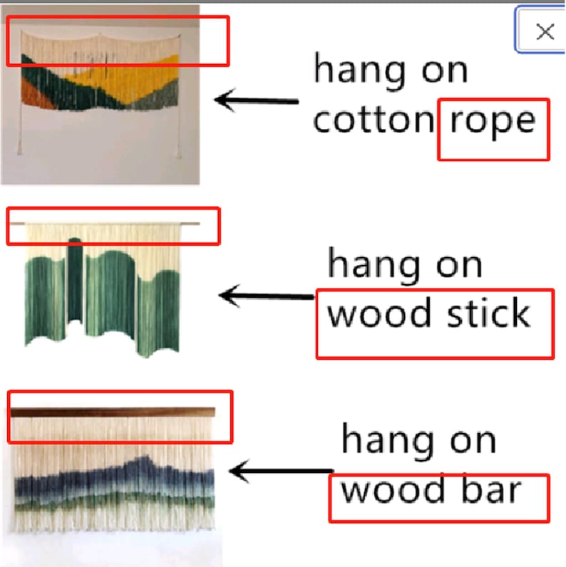 May include: Three macrame wall hangings. The first is cream, yellow, green, and gray, hanging on cotton rope. The second is cream and green, hanging on a wood stick. The third is cream, blue, and gray, hanging on a wood bar.