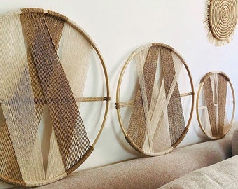 Bohemian Macrame Wall Hanging, Creative Round Wall Hanging, Minimalism Gold Hoop Cotton Thread Woven Wall Hanging, Handmade Woven Wall Art.