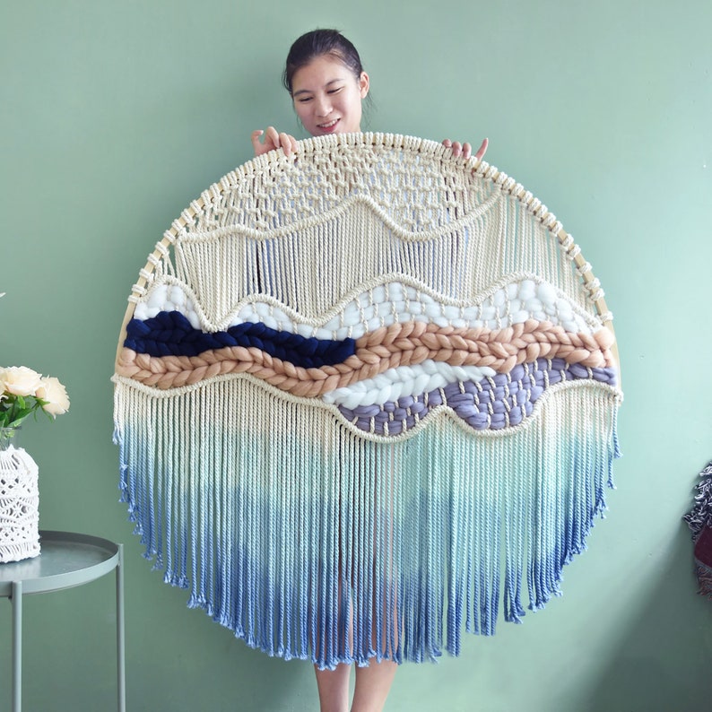 Round Macrame Wall Hanging Blue Gradient Tapestry Bohemian Etsy