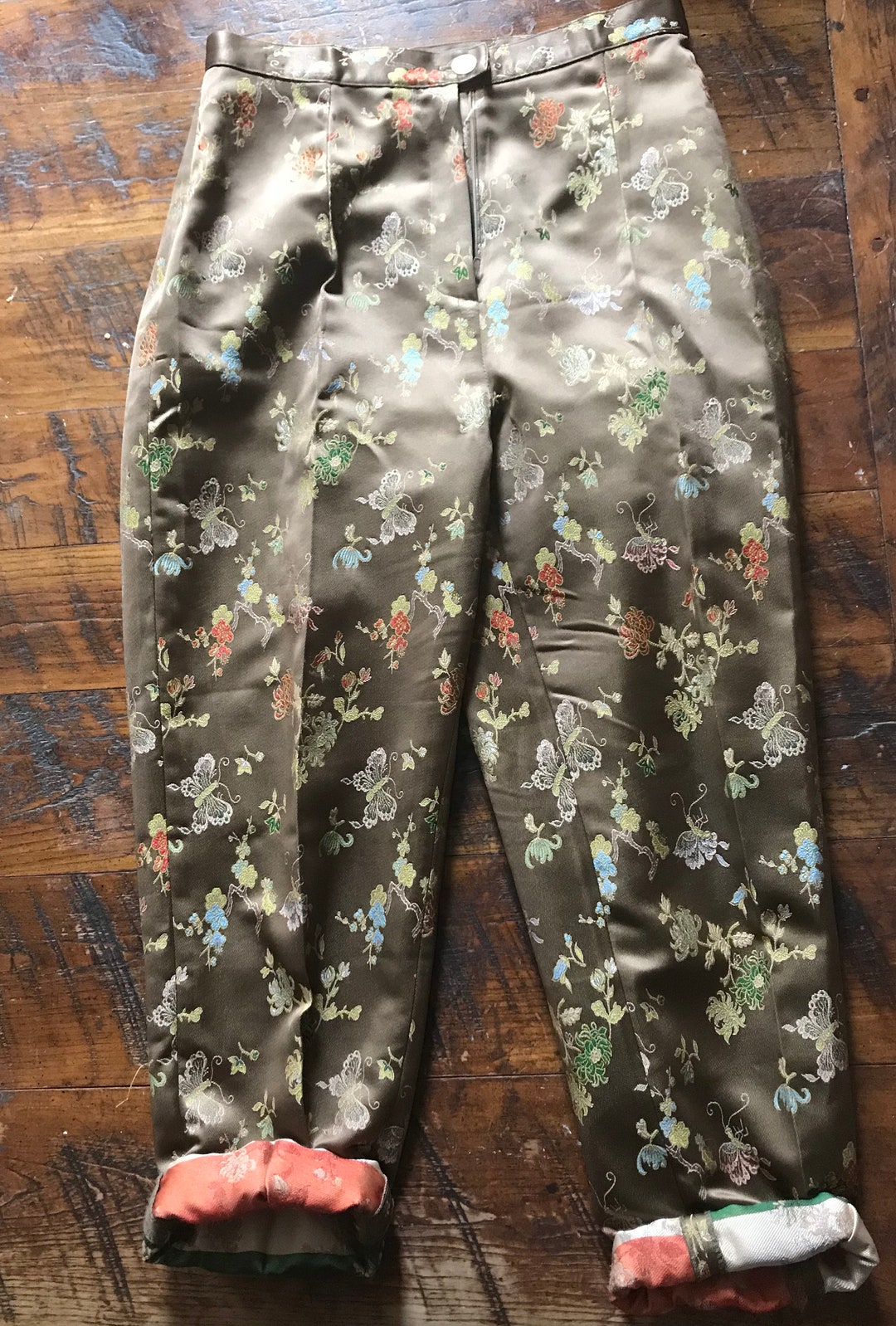 Vintage French Gold Satin Pants W/ Flower and Butterfly - Etsy