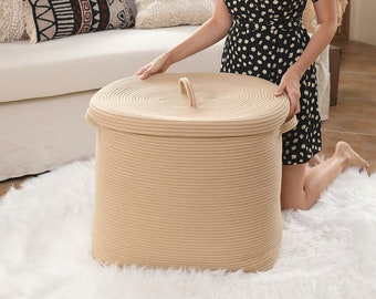22”x14”x18” Rectangular Extra Large Storage Basket with Lid, Cotton Rope Storage Baskets, Woven Laundry Hamper, Beige Rectangular Basket