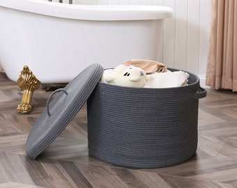 20" x 20" x 15" Extra Large Storage Basket with Lid, Cotton Rope Storage Baskets, Laundry Hamper, Toy Bin, Large Basket Dark Grey with Cover