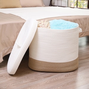 22”x14”x18” Rectangular Extra Large Storage Basket with Lid, Cotton Rope Storage Baskets, Woven Laundry Hamper, White/Jute Bottom Basket