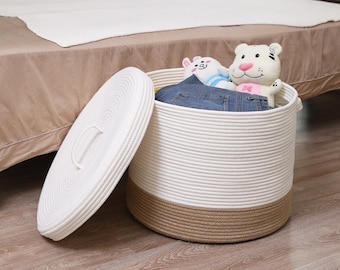 20" x 20" x 15" Extra Large Storage Basket with Lid, Cotton Rope Storage Baskets, Laundry Hamper, Toy Bin, White/Jute Bottom with Cover