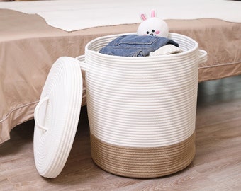 16" x 16" x 18" Extra Large Storage Basket with Lid, Cotton Rope Storage Baskets, Laundry Hamper, Toy Bin, White/Jute Bottom with Cover