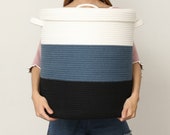 16 quot x 16 quot x 18 quot Extra Large Storage Basket with Lid, Cotton Rope Storage Baskets, Laundry Hamper, Toy Bin, Large Basket Dark Blue with Cover